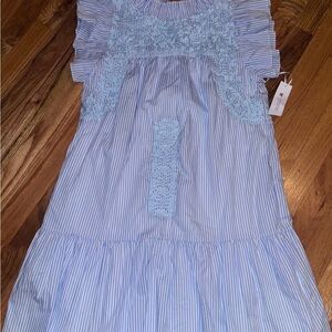 Blue Striped Midi Dress with Lace Accents